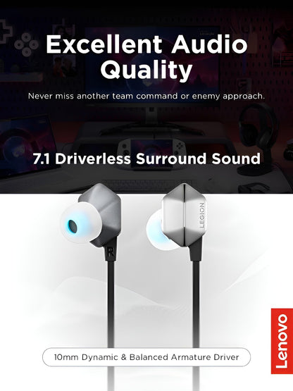 Lenovo Legion RGB Gaming in-Ear Headphones with USB-C E510-7.1 Surround Sound, Hi-Res Audio, in-Line Controller with RGB Lights - Compatible with PC, Tablet, Phone