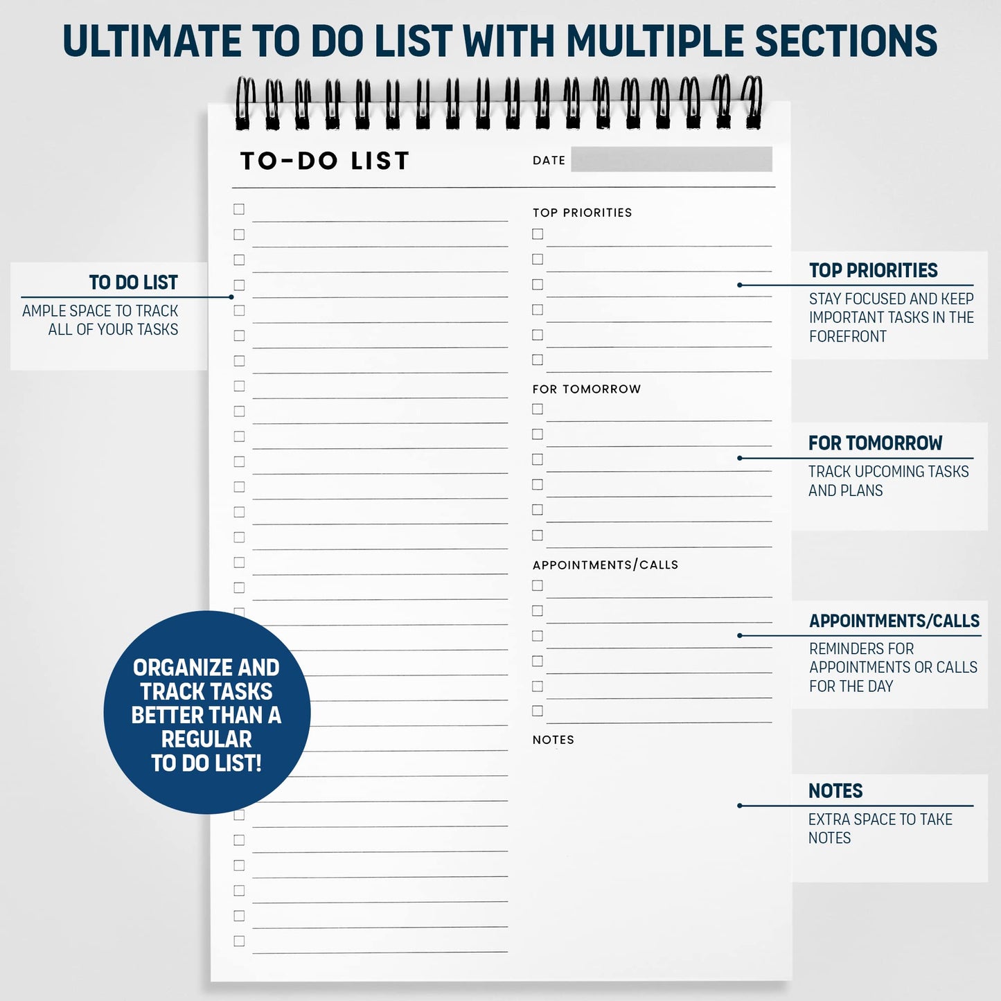 To Do List Notepad 3 Pack: Has Multiple Functional Sections - 6.5 x 9.8" 60 Sheets - Spiral Daily Planner Notebook - Task Checklist Organizer Agenda Pad for Work, Note and Todo Organization