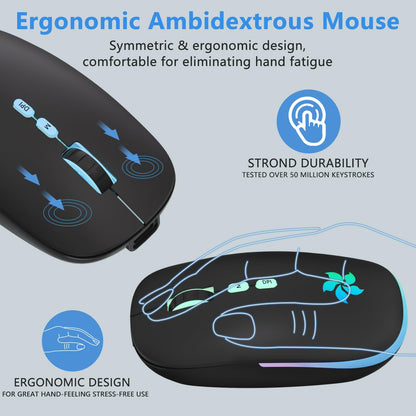 KARFUN Wireless Mouse, Backlit LED Portable Slim Computer Mouse for Laptop, PC, Computer, MacBook, iPad, Chromebook, Notebook, 2.4G Rechargeable Wireless Mouse (Black) (Black-Transparent Nose)
