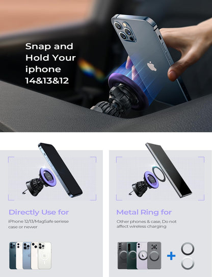 LISEN for MagSafe Car Mount [360° Rotation] Magnetic Phone Holder for Car Vent Phone Mount, Hands Free Phone Mount for Car Accessories, Phone Car Mount for iPhone Includes Vent/Dashboard Mount, Black