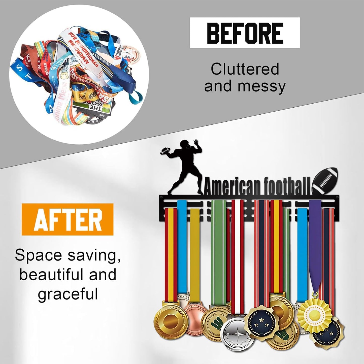 Resama Fashion Medal Hanger Holder Display Wall Rack Frame Shelf-Black Metal Medal Hanger Awards Ribbon Cheer,Gymnastics,American Football Easy to Install