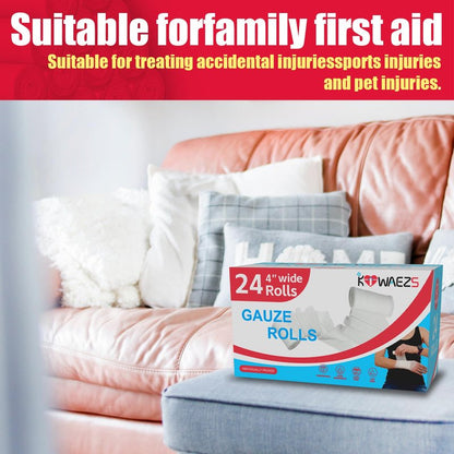 KIWAEZS 24 Pack Gauze Rolls Bandages 4 ” x 4.1 yd Premium Quality Lint and Latex-Free Conforming Stretch Designed for Wound Care for Wound Dressing Support(Ideal for Home and car First aid Kits)