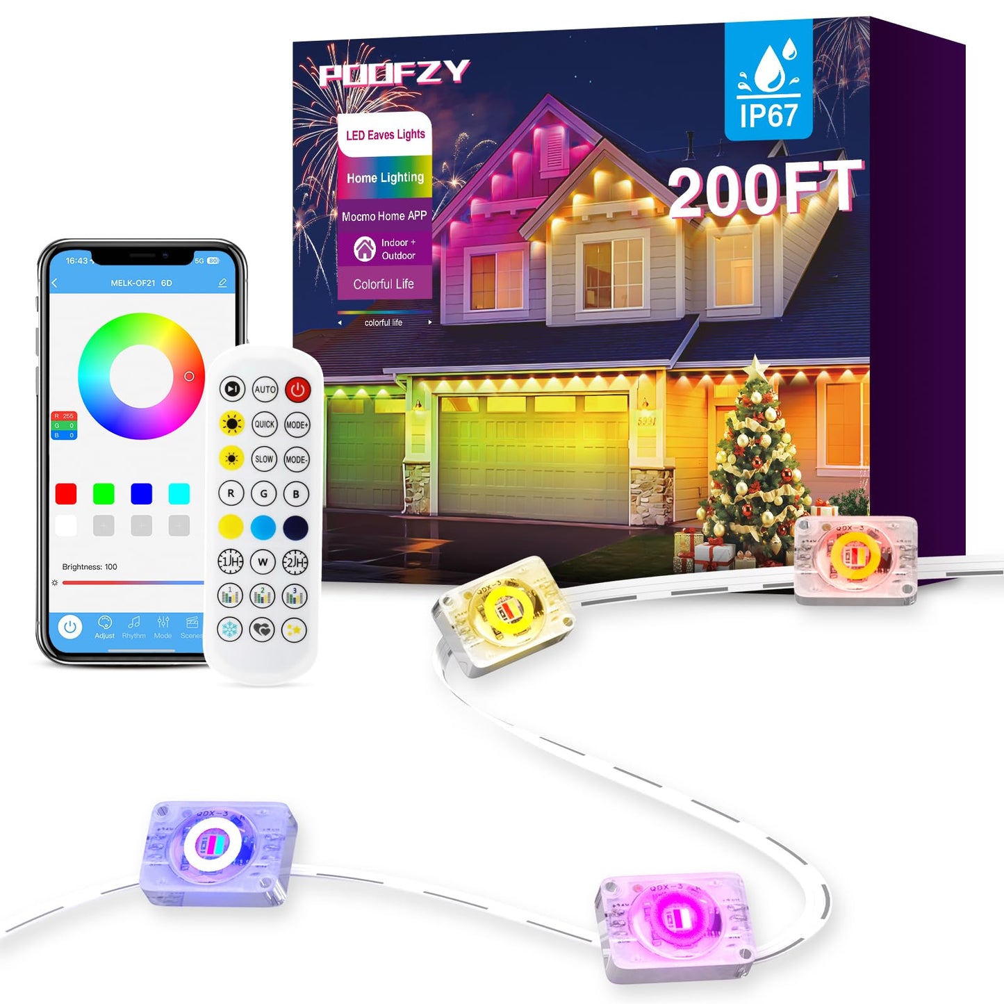 POOFZY Permanent Outdoor Lights for House,200ft RGB+IC Smart Outdoor Decor, 50 Scene Modes,App/Remote Control,for Christmas,V-Day,Thanksgiving,Daily & Holiday Party Decor