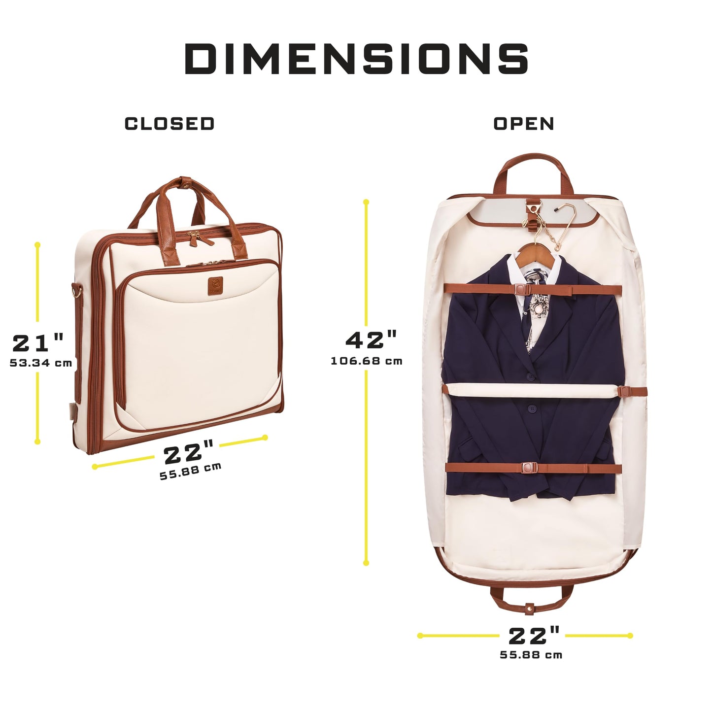 ZEGUR Premium Garment Bag Carry On for Women - Hangs Blazers, Pantsuits & More - Travel Bag with Shoulder Strap and Laptop Compartment (Beige with Saddle Brown Leather)
