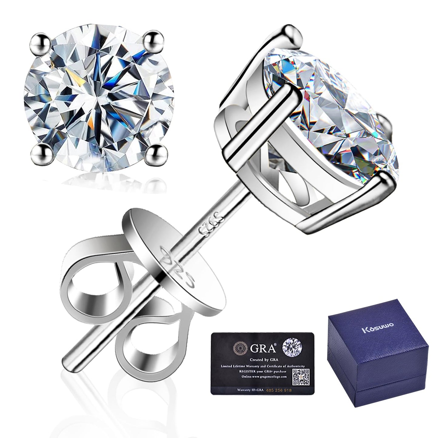 Moissanite Stud Earrings 2.0CT D Color,GRA 925 Sterling Silver Earrings for Men 18K White Gold Plating Earrings for Women,wedding earrings(1.0ct*2)