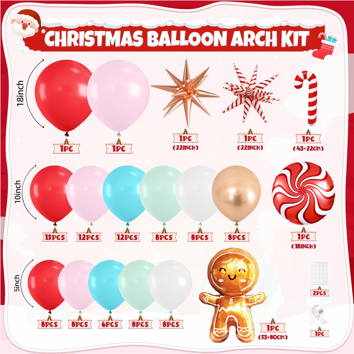 Christmas Balloon Arch Kit, Gingerbread Man Balloon Garland Kit, Red Pastel Green Pink Teal Blue Balloons Christmas Foil Balloons Candy Cane Star for Xmas Birthday New Year Party Decorations