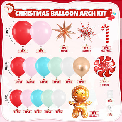 Christmas Balloon Arch Kit, Gingerbread Man Balloon Garland Kit, Red Pastel Green Pink Teal Blue Balloons Christmas Foil Balloons Candy Cane Star for Xmas Birthday New Year Party Decorations