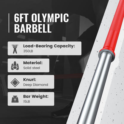 TECHNOAGE 6FT Olympic Barbell for Strength and Weightlifting Training, 1 Inch Olympic Bar Barbell for Squat, Curl, Deadlift, Bench Press, Overhead Press, Hip Thrust, 350LBS Capacity(Red&Silver)