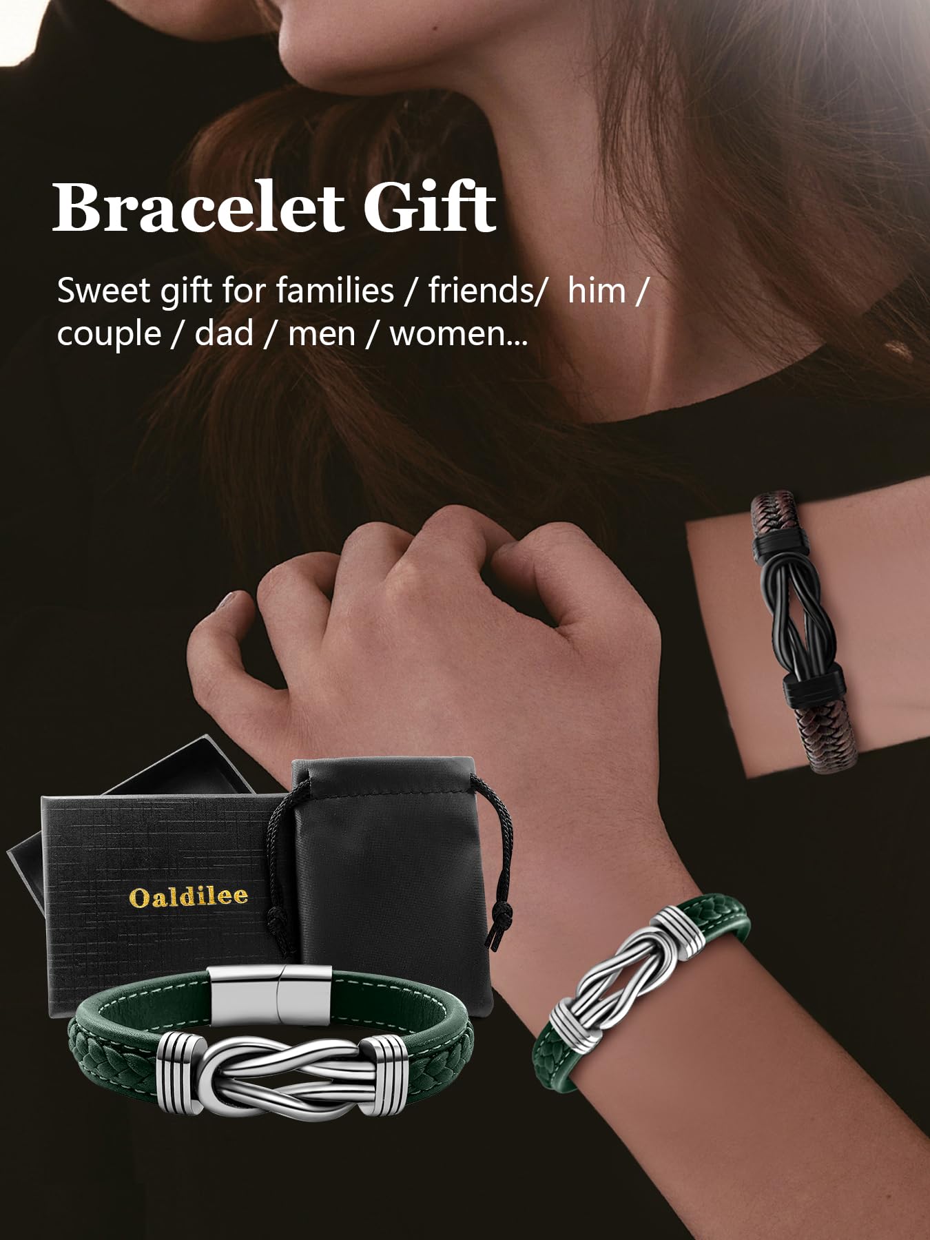 Oaldilee Mens Braided Leather Bracelet, Green Wax Rope Braided Leather Infinity Knot Bracelets for Men with Steel Clasp, 7.5in Length