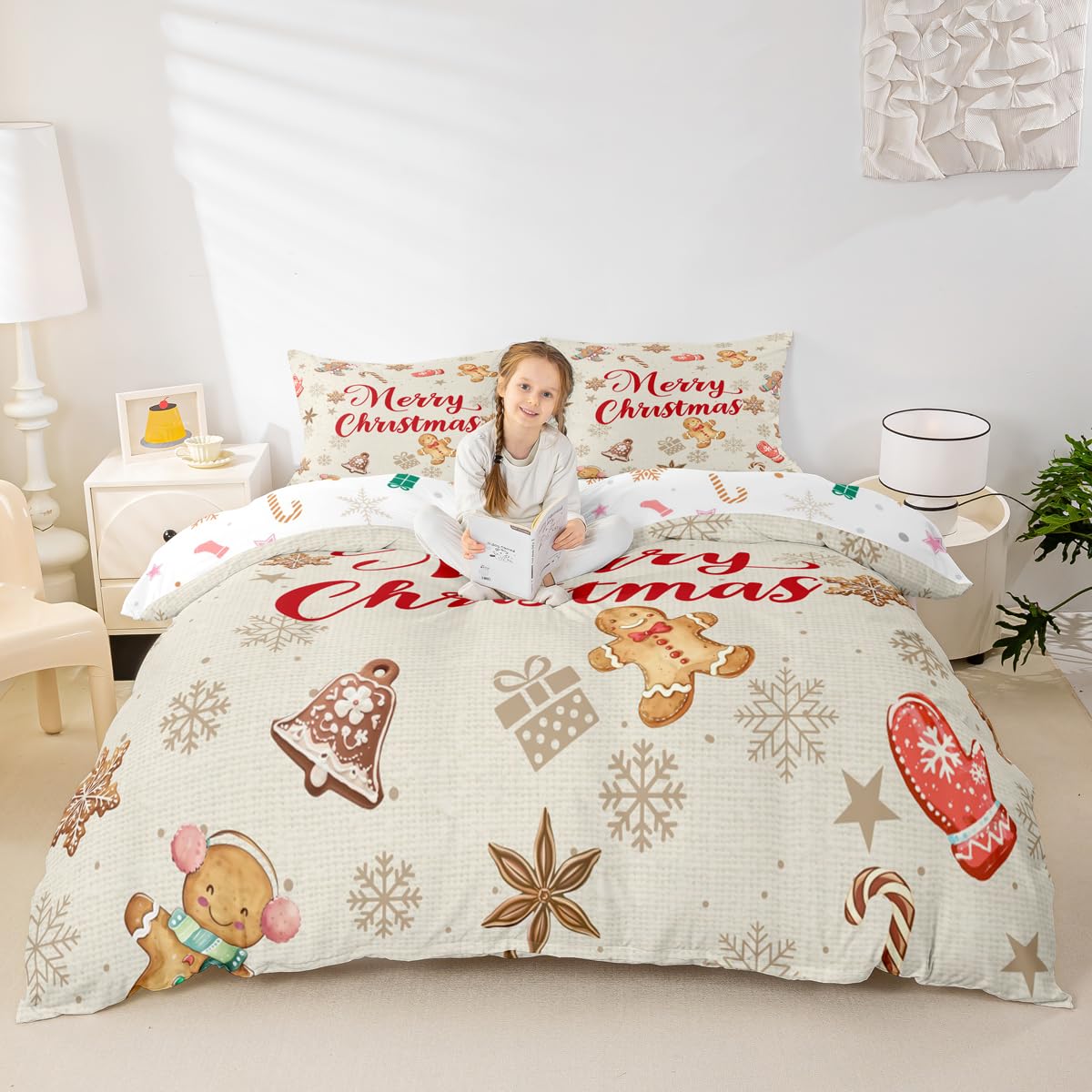 Cute Gingerbread Man Duvet Cover Sets(NO Comforter),Funny Gingerbread Snowflakes and Bells Comforter Cover for Girls Teens,Brown Snowflake Printed Bedding,Cartoon Themed Duvet Set,Queen Size