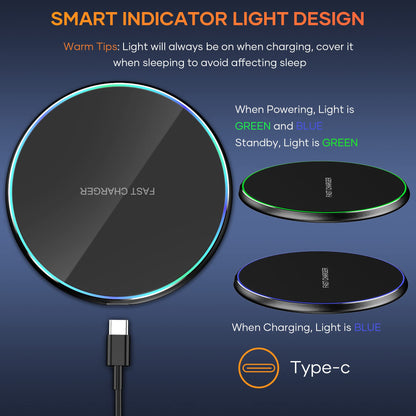 Wireless Charger Compatible with iPhone 17 16 15 14 13 12 11 Pro Max/Mini/Plus/XR/X/8, 15W Max Fast Wireless Charging Pad Mat for Samsung Galaxy S23/S22/S21/S20/S10, Galaxy Buds