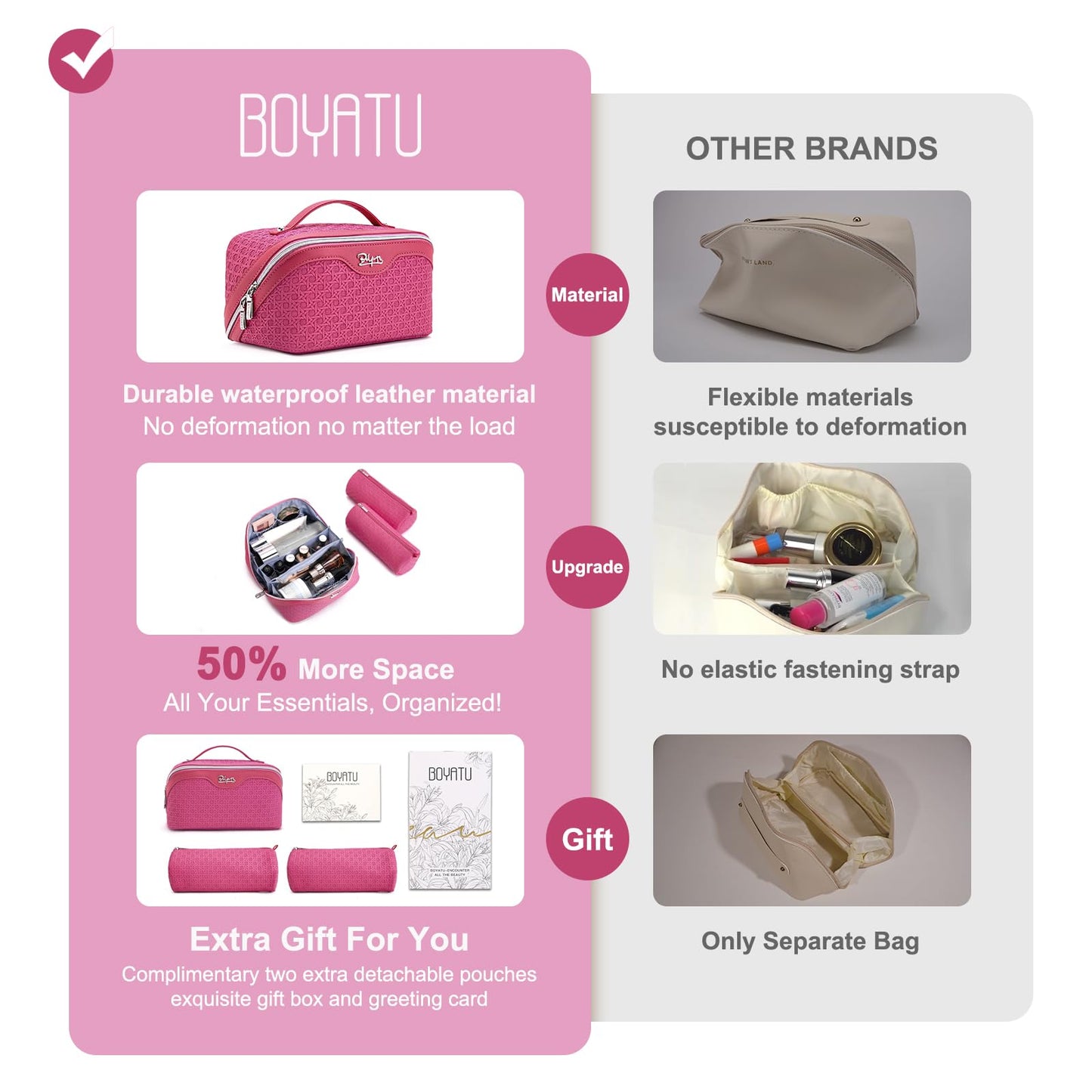 BOYATU Travel Makeup Bag Cosmetic Bags for Women: Large Capacity 3 Pcs Set Make up Bag with Compartments - Waterproof Vegan Leather Toiletry Organizer Bags with Handle (M-73Rose)