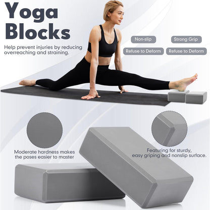 Simgoing 14 Pcs Yoga Kits for Home Workouts Pilates Equipment Set for Women Beginners, Hot Yoga Towel Blocks Strap, Knee Pad, Resistance Loop Exercise Band, Massage Lacrosse Ball, Pilates Ball(Gray)