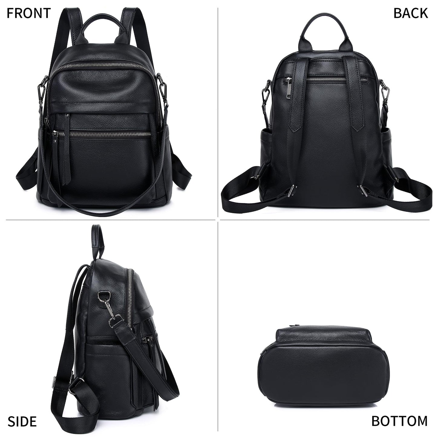 Wesccimo Genuine Leather Backpack Purse For Women Black Real Soft Leather Convertible Ladies Daypack Shoulder Bag