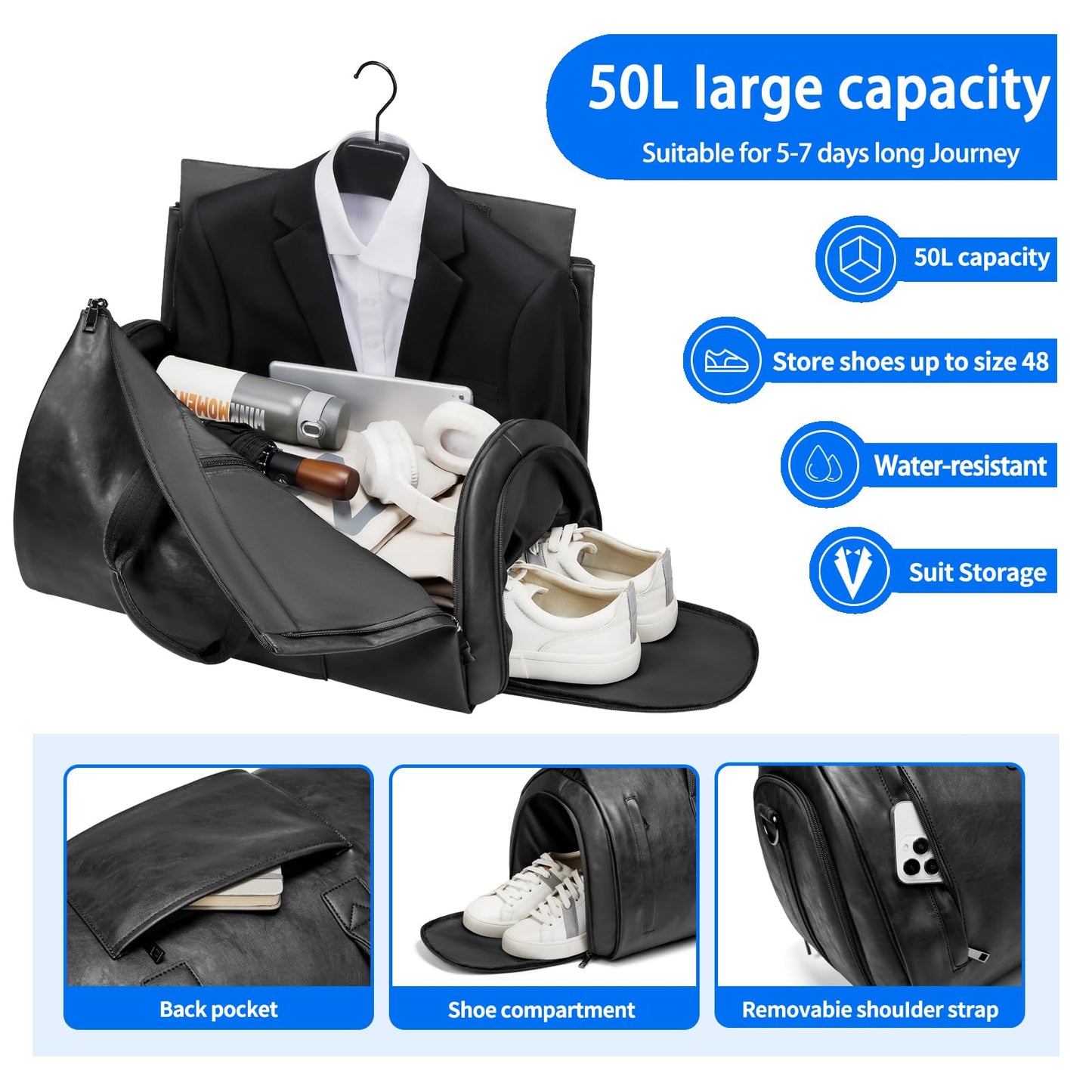 Leather Garment Bag，Convertible Garment Duffel Bag for Travel Mens Suit Bag 2 in 1 Waterproof Foldable Carry on Garment Bag with Shoulder Strap Weekender Bag with Shoe Pouch