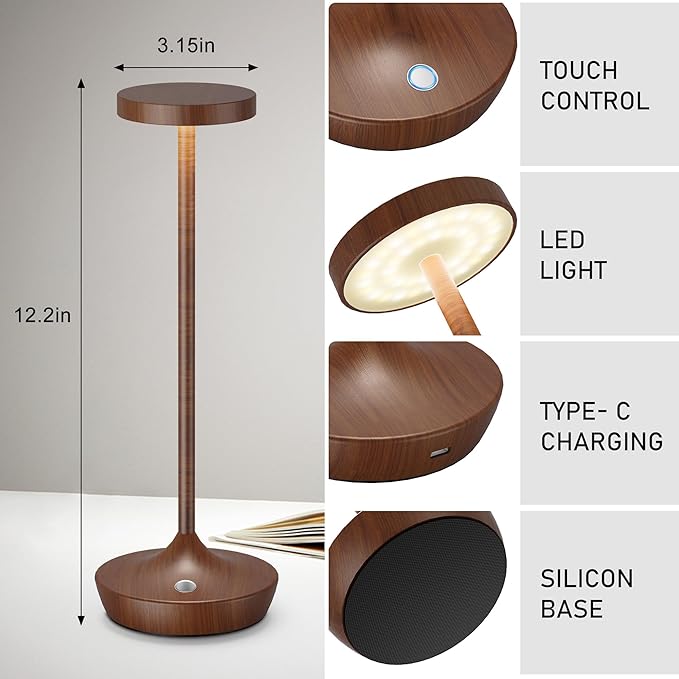Cordless Table Lamp Rechargeable - 6000mAh LED Battery Operated Table Light - Portable Touch Dimmable Outdoor Waterproof Table Lamps for Patio Bar Restaurant Dining (2 Woodgrain)