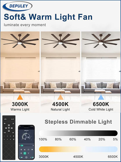 Depuley 66" Ceiling Fans with Lights: Large Indoor/Outdoor Ceiling Fan for Patios Living Room - 8 Blades Brown Dimmable Ceiling Fans with Remote APP Control Timer Reversible Quiet DC Motor 6 Speeds