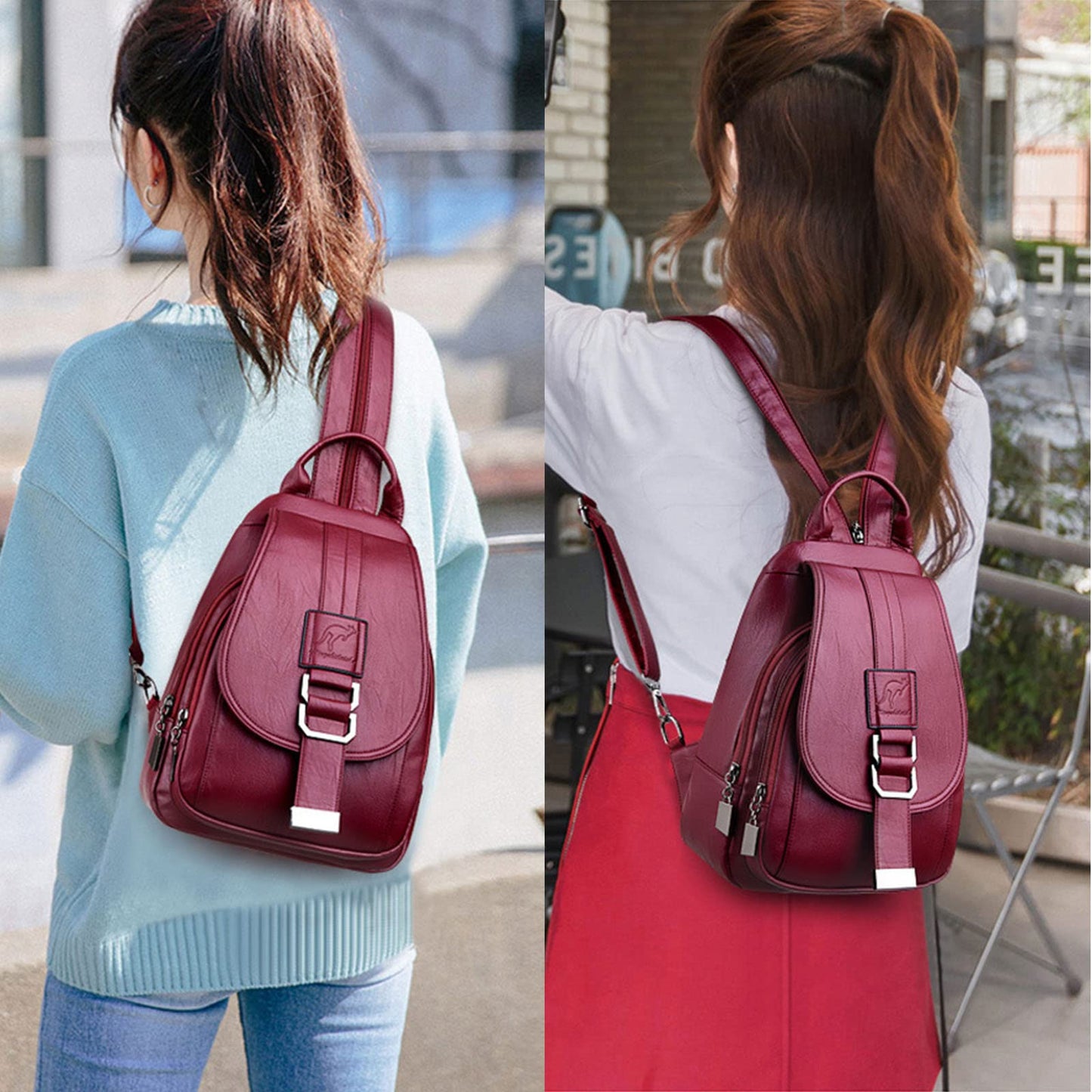 BlackeEight Women's Soft Genuine Leather Backpack,Large Capacity Satchel Shoulder Handbags for Office Shopping Trip (Red)