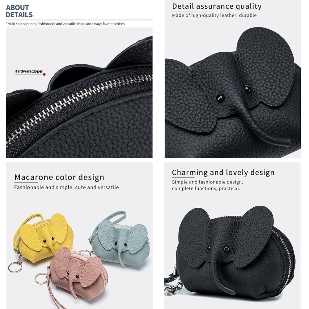 Cute Elephant Coin Purse, Small Leather Change Pouch Wallet for Women Cartoon Money Bag with Key Chain and Wrist Strap (Elephant Grey)