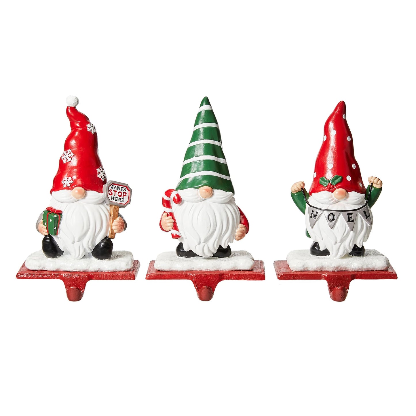 Glitzhome Christmas Stocking Holder, Set of 3 Resin Gnomes Sock Hangers Festive Gnome Figurines with Metal Base for Mantel, Fireplace, Shelf, Holiday Home Decor