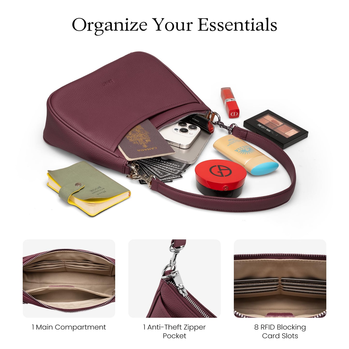 befen Genuine Leather Handbags for Women Travel Purses Anti Theft Crossbody Bag Burgundy Purses with RFID Blocking Soft Real Leather Hobo Bag Designer Trendy Womens Handbag Shoulder with 2 Straps