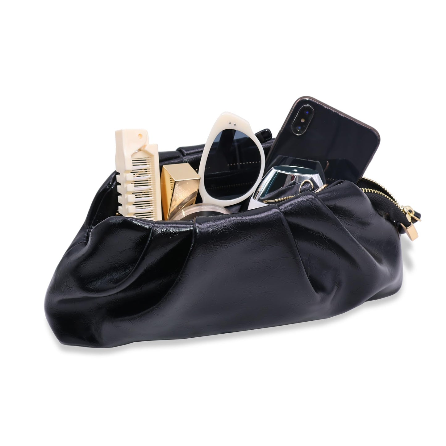 Milisente Clutch Purses for Women Shiny PU Leather Pleated Evening Clutch Bag With Shoulder Strap for Formal Wedding Prom (Black)