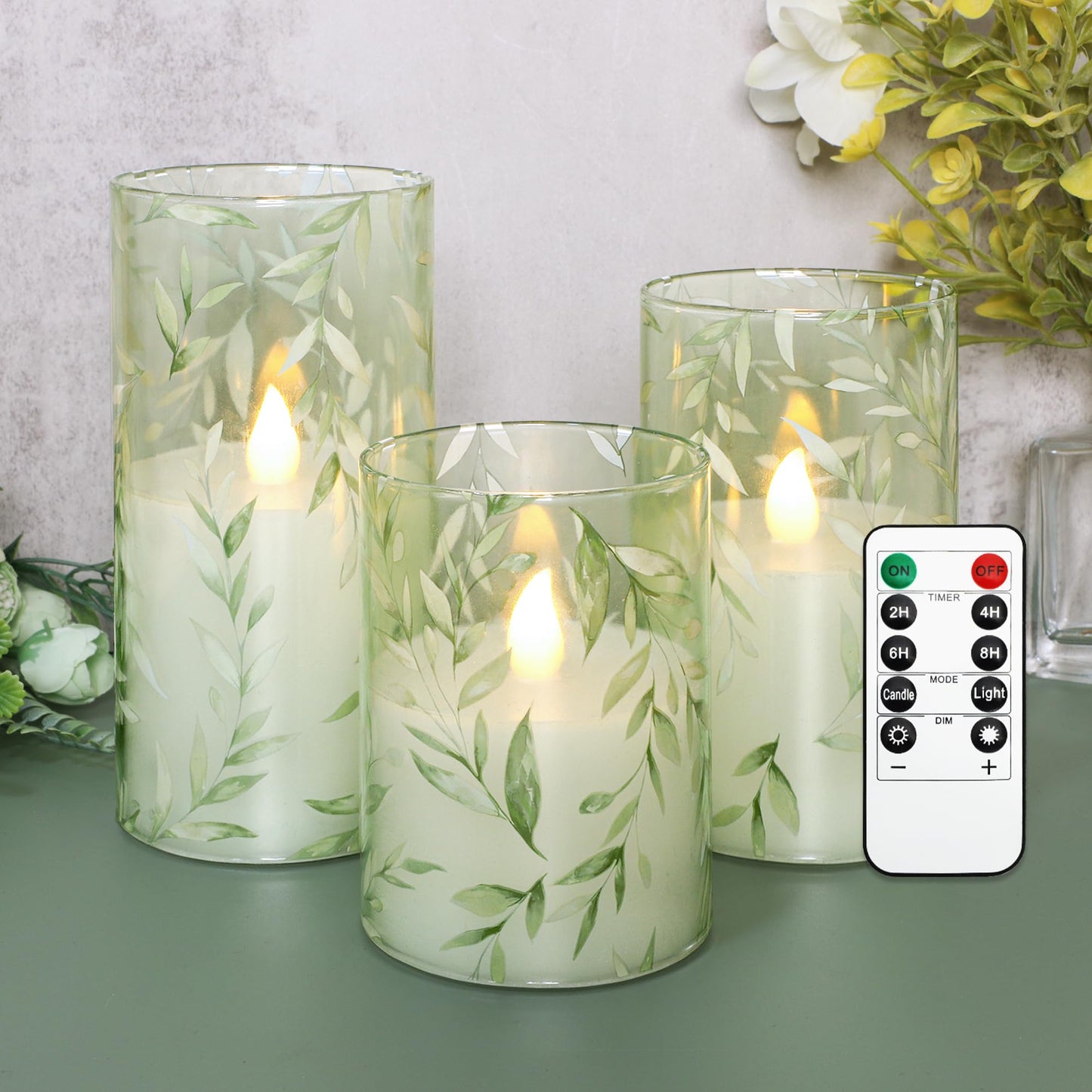 Crystal Club Glass Flameless Candles with Remote Timer, Battery Operated Flickering LED Pillar Candles, Green Willow Leaves Design for Wedding Holiday Home Decor