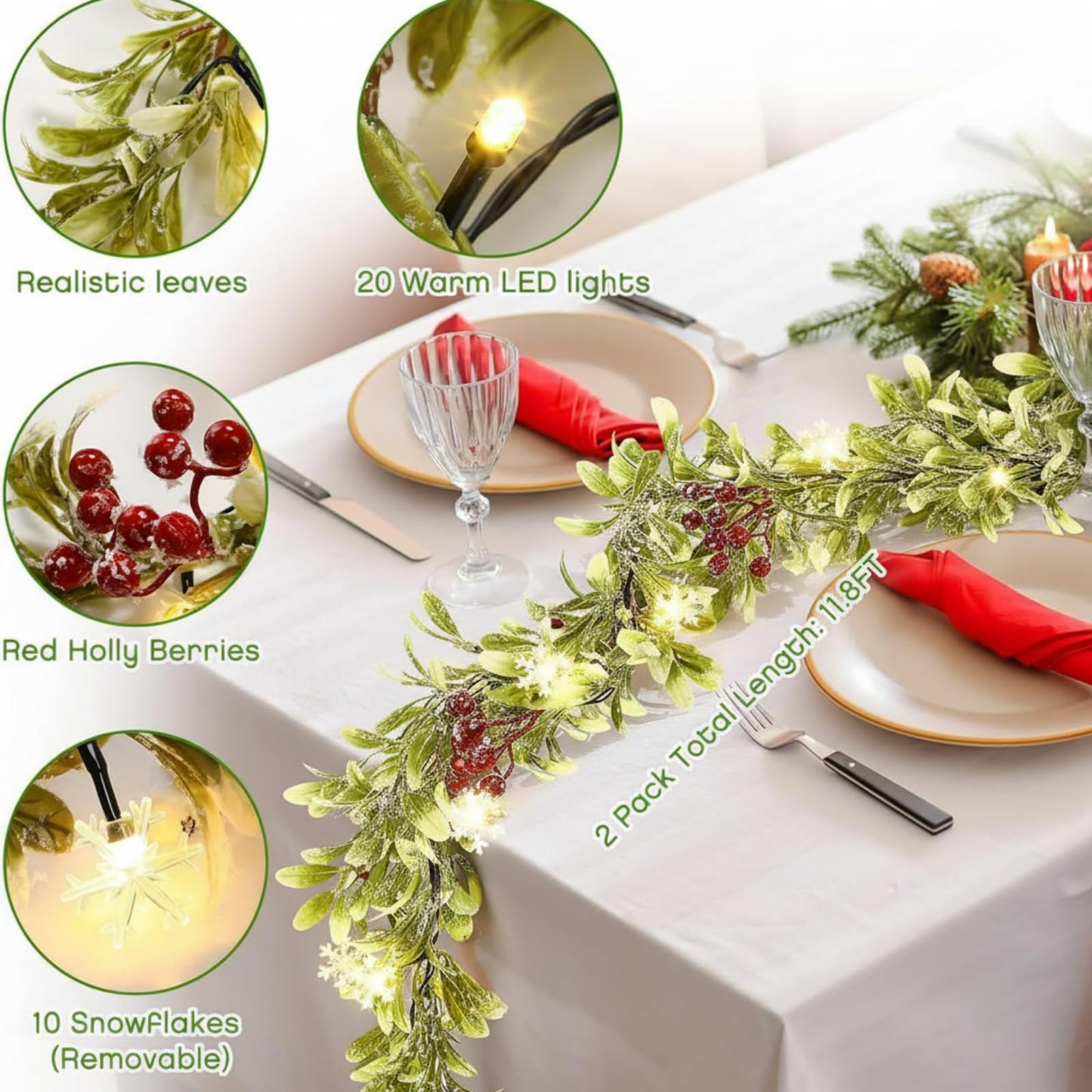 Ganeen 6 ft Christmas Light up Garland Prelit Snowy Olive Garland with 20 LED Battery Operated Lighted Olive Branch with Snowflake Berries Timer Remote for Xmas Winter Decor(Red Berries,Flocked)