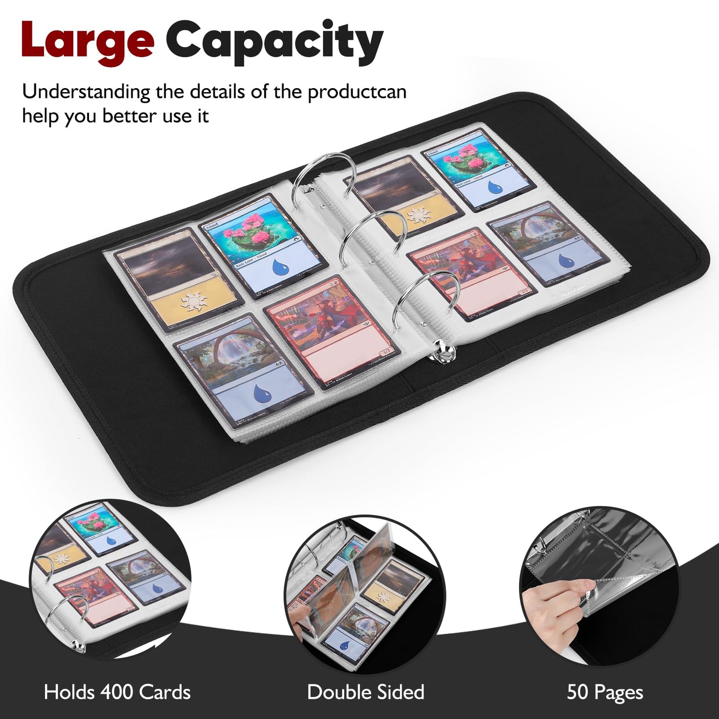 BRPPO Trading Card Binder- 4-Pocket Card Holder, 3D Dragon Scale Texture, 400-Card Capacity, Portable Card Album, Card Organizer Compatible with Multiple Card Sizes (BALCK)