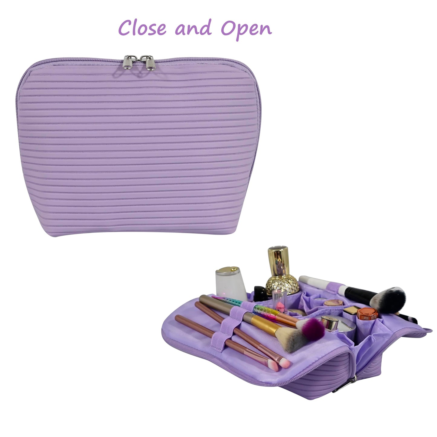 Tense Edano Travel Makeup Bag for Women, Waterproof Stand Up Cosmetic Bag with Brush Holders, Organizer Bag with Compartments, Fold-Down Design for Skincare, Toiletries & Essentials (Purple, Medium)