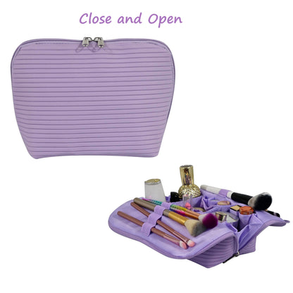 Tense Edano Travel Makeup Bag for Women, Waterproof Stand Up Cosmetic Bag with Brush Holders, Organizer Bag with Compartments, Fold-Down Design for Skincare, Toiletries & Essentials (Purple, Medium)