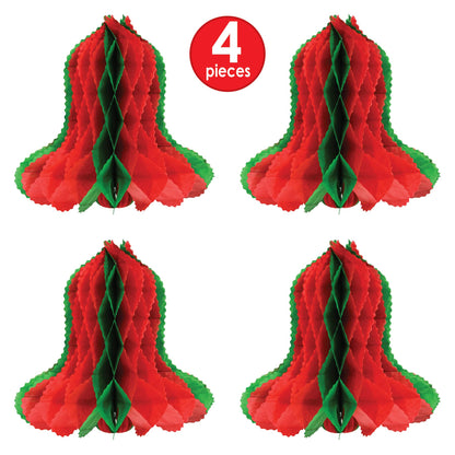 Beistle Honeycomb Tissue Paper Bells 4 Piece Christmas Decorations Winter Party Supplies, 12", Red/Green