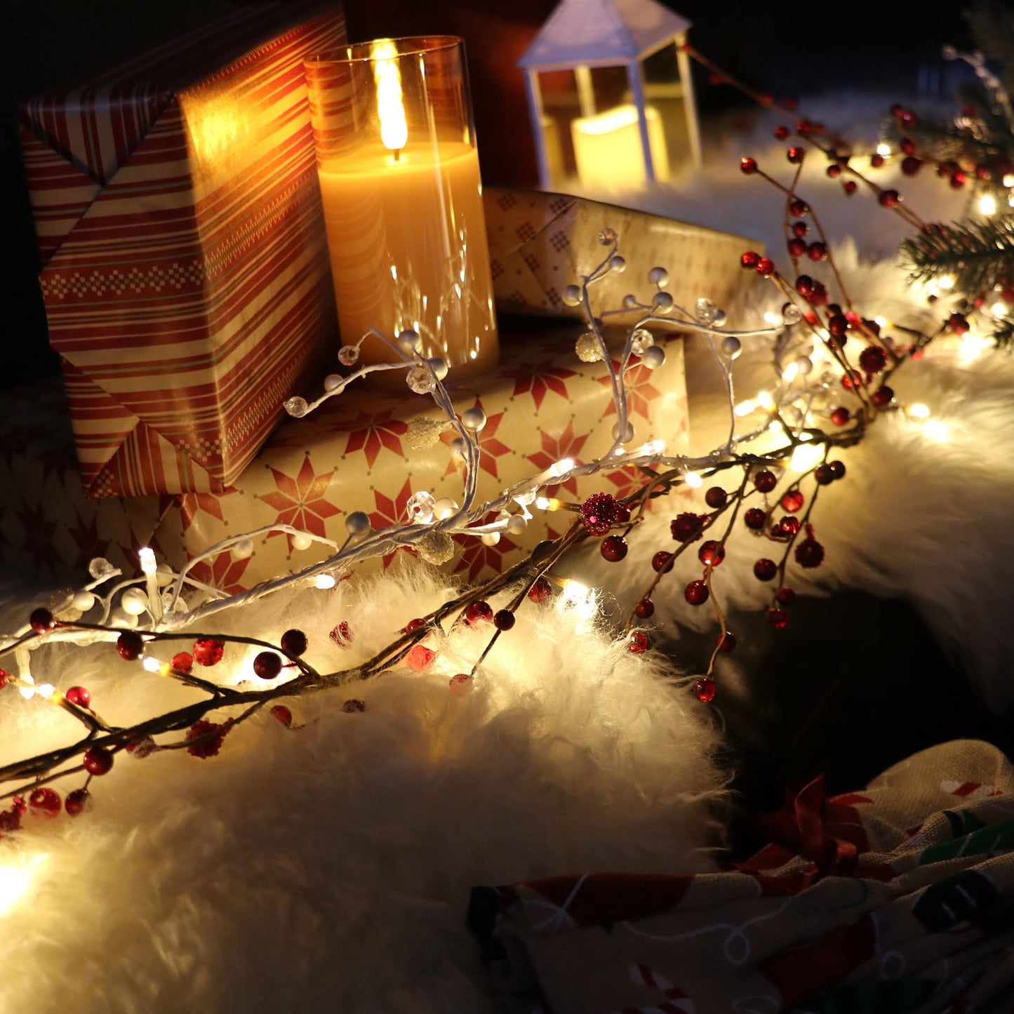 Rhytsing Red Berry Branch Pre-lit Garland with 30LED Lights, Battery Operated Fairy String Lights with Timer Function for Christmas Mantle Decoration Indoor Use - 5.9FT