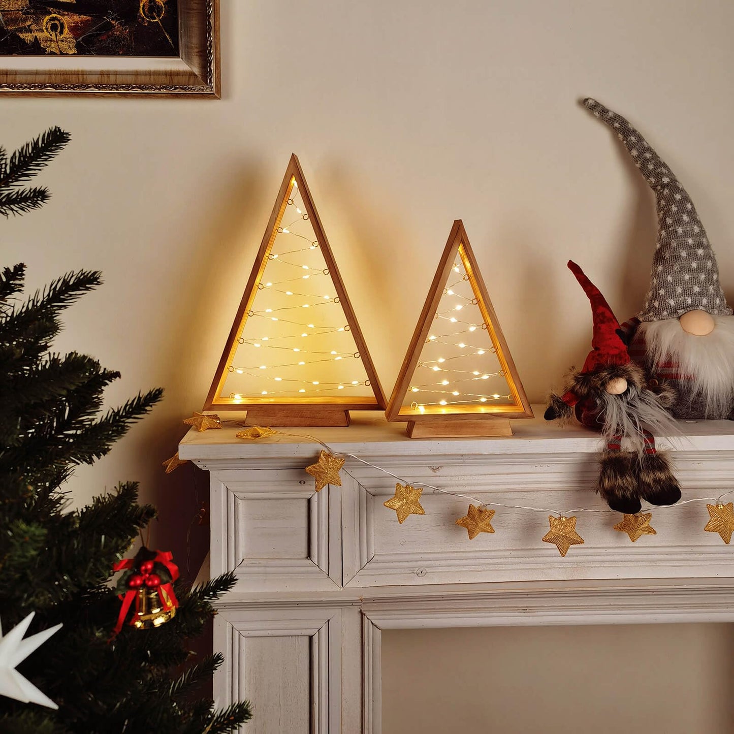 Leejec LED Wooden Christmas Tree Light, Modern Farmhouse Tabletop Christmas Décor, Table Fireplace Mantle Shelf Decorations, Set of 2 (14.3" and 10.7" Tall)