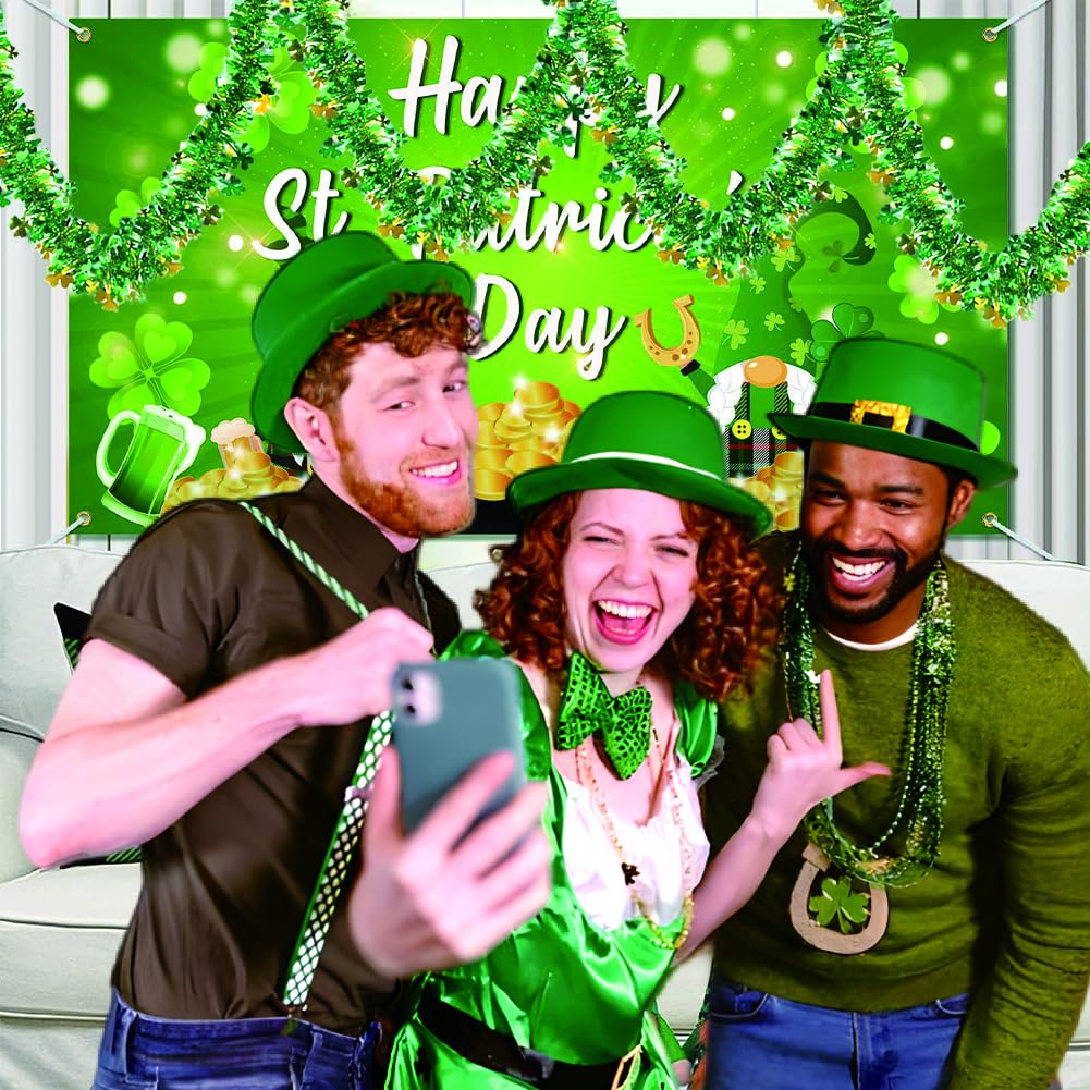 66 Ft St.Patrick's Day Tinsel Garland 2Pcs Green with Shamrock Saint Patricks Day Decorations for Saint Patrick's Day Party Decor Shiny Hanging Clover Green Tinsel Garland