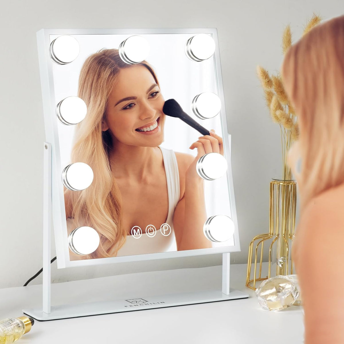 FENCHILIN Vanity Mirror with Light Lighted Makeup Mirror Vanity Makeup Mirror Smart Touch Control 3Colors Dimable Light Detachable 10X Magnification 360°Rotation(White)