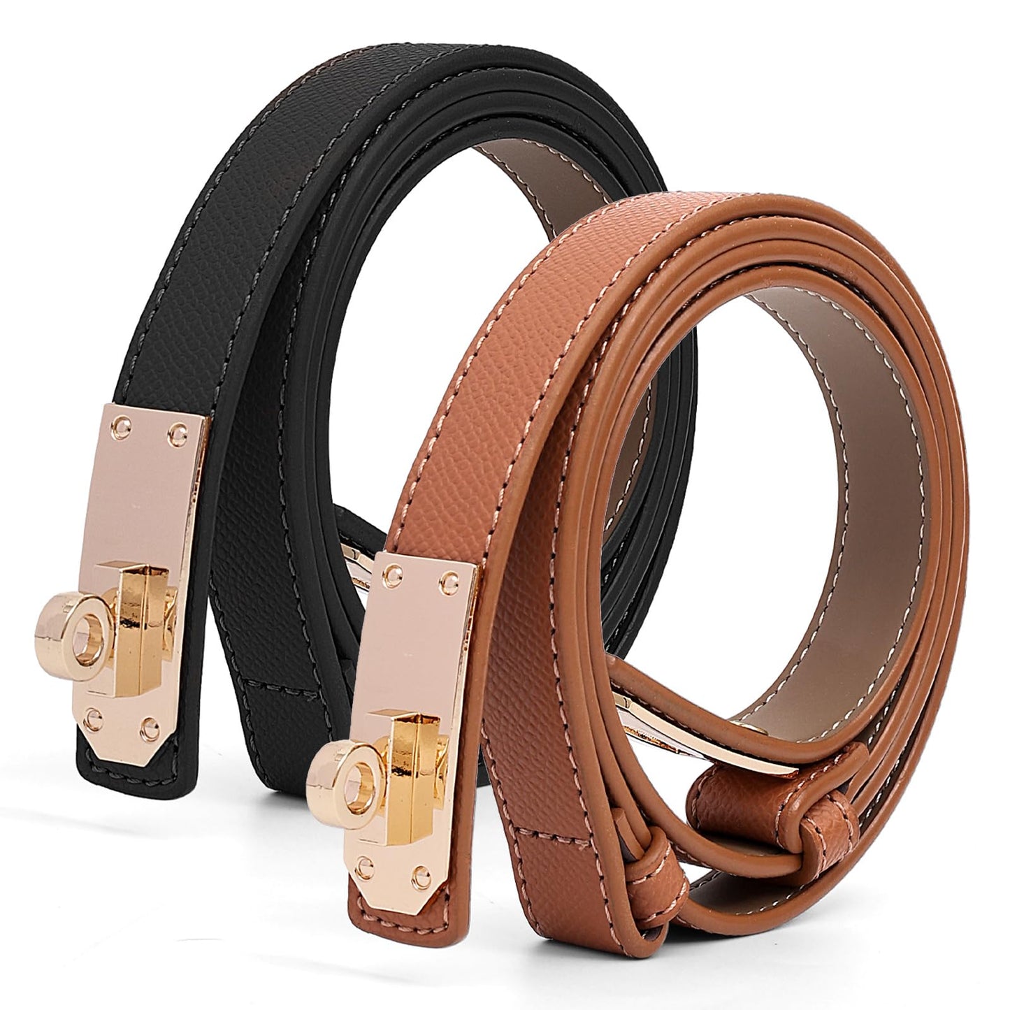 Asaloy Women's Thin Leather Belts with Turn Lock Buckle,Belt Women Adjustable for Pants Dresses Jeans Coats (Caramel Gold Buckle+Black Gold Buckle（2 piece）, Waist Size Below 37 Inches)