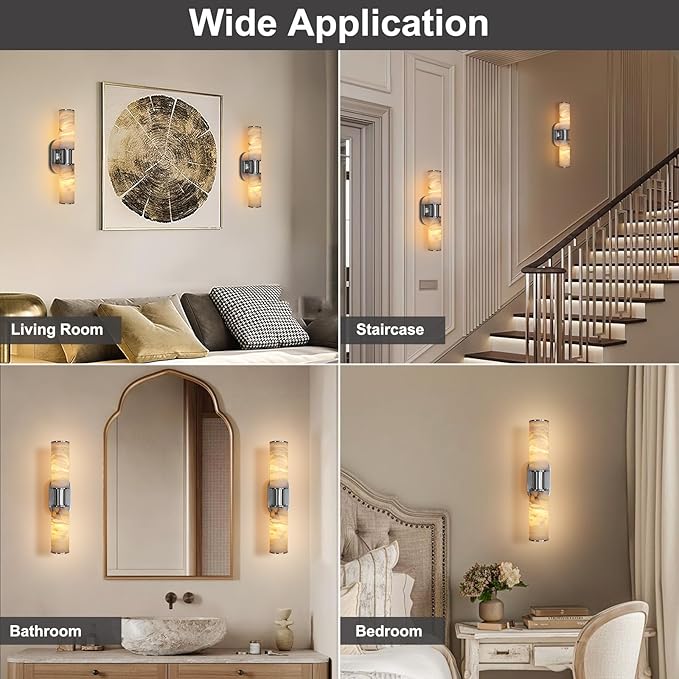 22.2" Alabaster Wall Sconce Set of 2, Brass Bathroom Wall Sconce, Spanish Natural Marble Sconces Modern Wall Lights Lamps for Bedroom Living Room Stairs Indoor Hallway Vanity, Nickel