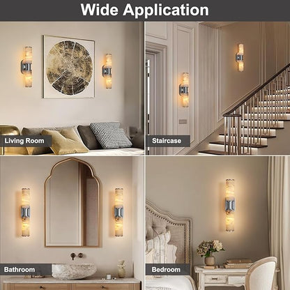 22.2" Alabaster Wall Sconce Set of 2, Brass Bathroom Wall Sconce, Spanish Natural Marble Sconces Modern Wall Lights Lamps for Bedroom Living Room Stairs Indoor Hallway Vanity, Nickel