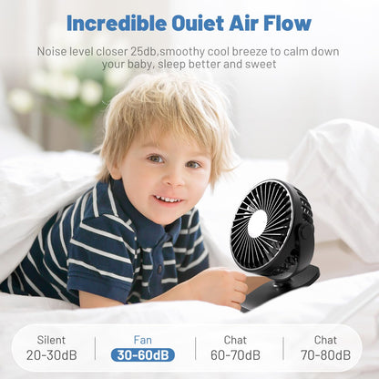 Portable Clip on Fan, 360° Rotate Battery Operated Stroller Fan, 3 Speed Quiet Mini Personal Desk Fan, USB Rechargeable Clooing Fan for Outdoor Camping Golf Cart Stroller Home Office Black