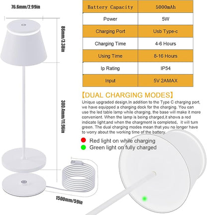 Cordless Table Lamp Rechargeable,5000mAh Battery Operated Desk Lamp,Waterproof Touch Dimmable Light with Remote,3 Color Stepless Dimming Up,for Bedroom/Office/Bars/Camping. (White, 1pcs)