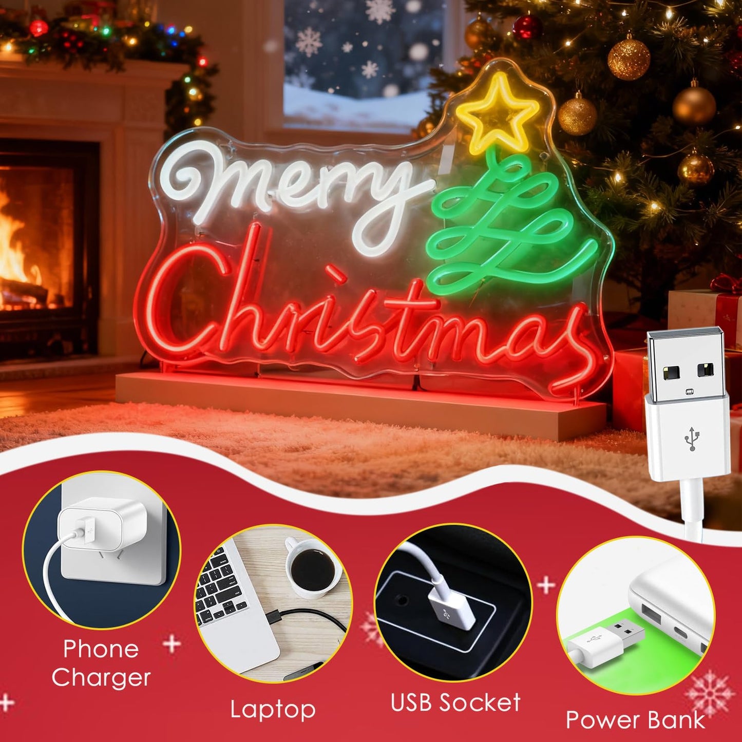 Modern Merry Christmas Neon Sign with Artistic Tree & Star,LED Light Sign for Wall Decor, USB Powered Dimmable Indoor Christmas Window Lights for Home, Bedroom,Party,Bar, Xmas Decorations Gift