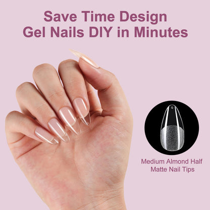 Misssix Short Almond Gel Nail Tips Kit, 216Pcs Pre Etched Clear Fake Nails, Full Cover False Nail 9-in-1 Gel Glue and Portable Mini U V Nail Lamp for Women 12 Sizes