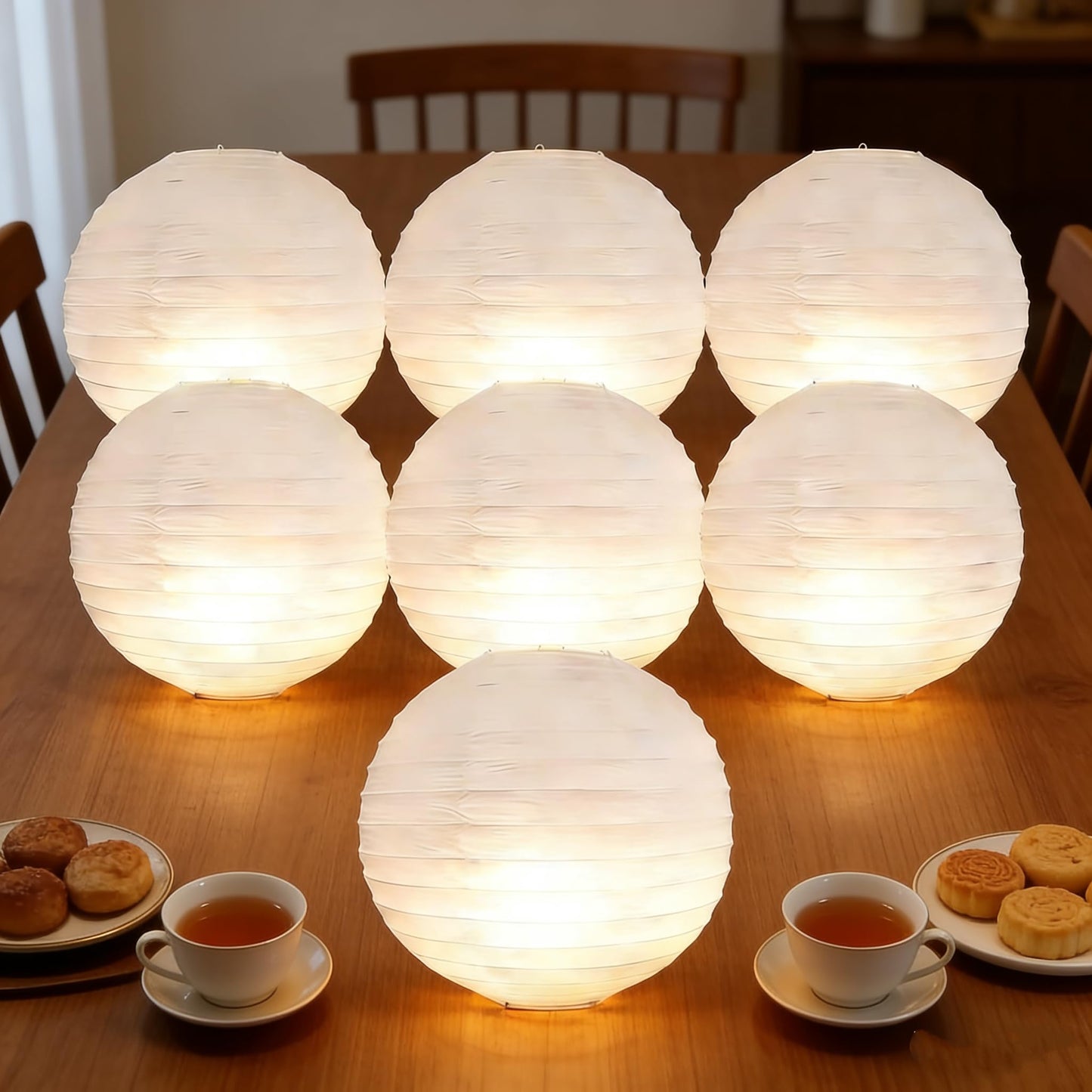 6Pcs Paper Lanterns White with LED Lights,12 in Round Lantern Hanging Paper Lanterns Lamp for Birthday, Wedding, Christmas, Bridal, Home Decor, Party Decoration