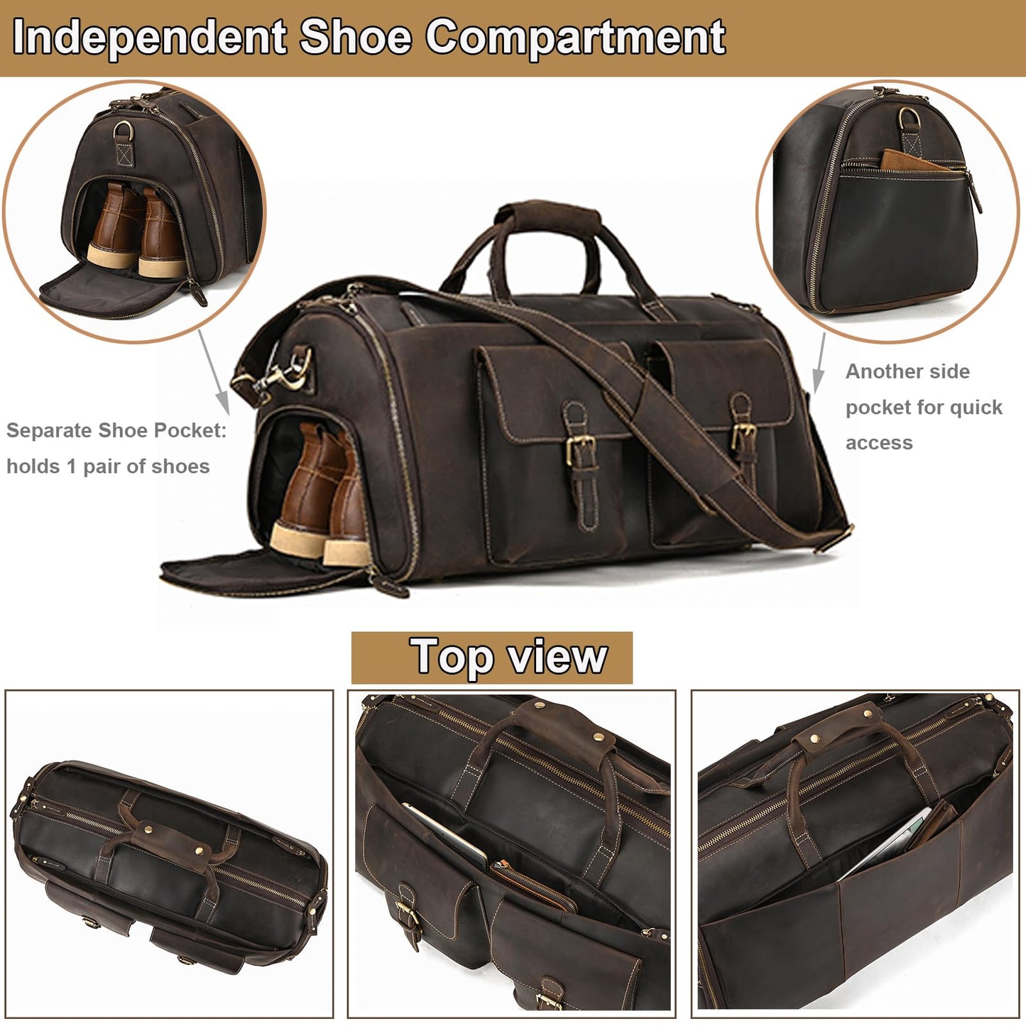Yevabo Full Grain Genuine Leather Garment Bag for Men 2 in 1 Convertible Suit Travel Duffel Weekender Overnight Bag with Shoe Compartment Business Carry On Luggage, Dark Brown