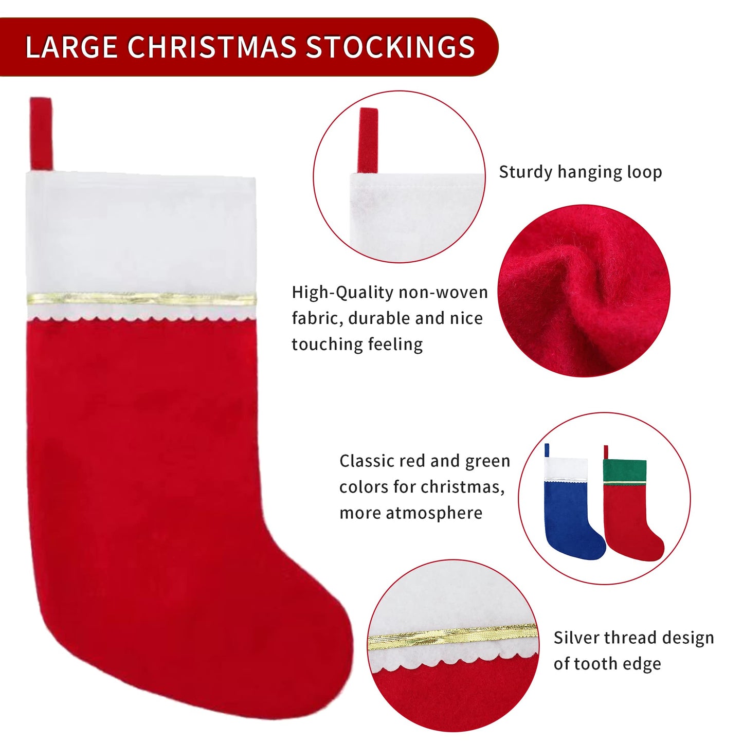 Tokforty 12 Pack Felt Christmas Stockings, 19 Inches Red and White Christmas Stockings Hanging Ornaments, White Cuff with Gold Trim Christmas Stockings for Family Christmas Holiday Decorations