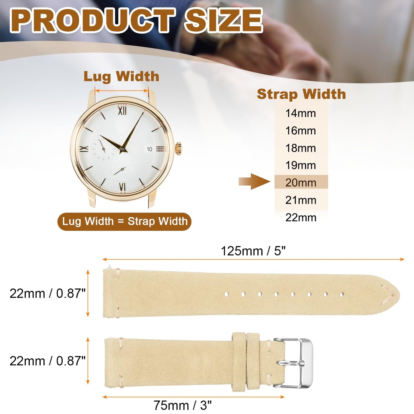 HARFINGTON Leather Watch Band 20mm Width Watch Strap Top-Grain Suede Cowhide Wrist Bands Replacement with Stainless Steel Buckle for Men Women, White