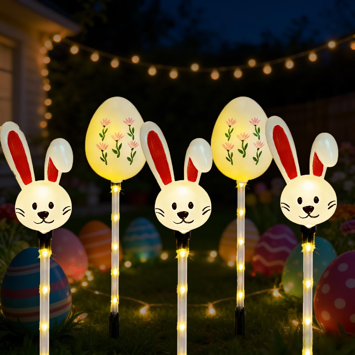 NAHIYELAS Solar Easter Pathway Lights - 5 Pack Bunny Egg Light Outdoor Solar Powered Path Lights with 8 Lighting Modes, Waterproof Garden Stake for Easter, Housewarming Gifts & Outdoor Decor