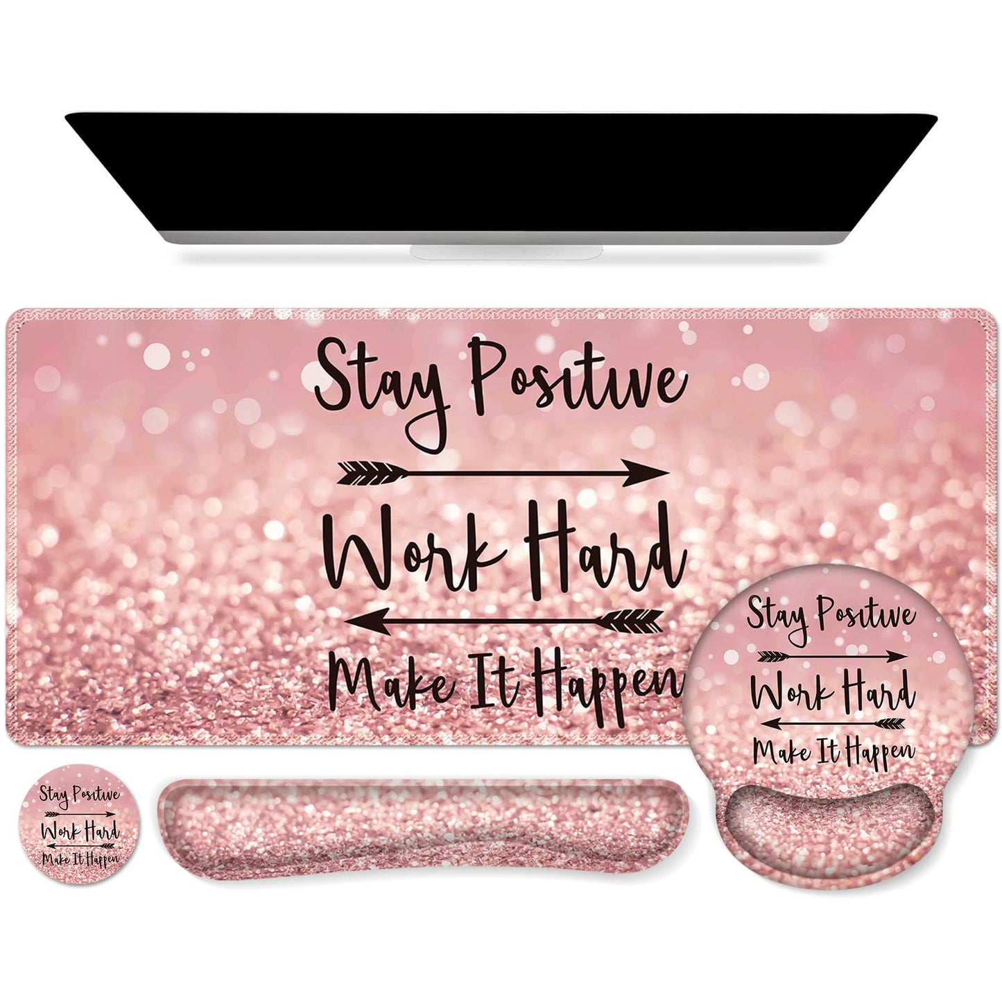iCasso Mouse Pad,Large Pink Desk Mat Set, 4in1 XXL Mousepad + Keyboard Wrist Rest+Mouse Wrist Rest+Coaster with Ergonomic Desk Pad for Home Office Table Computer Cover -Pink Stay Positive