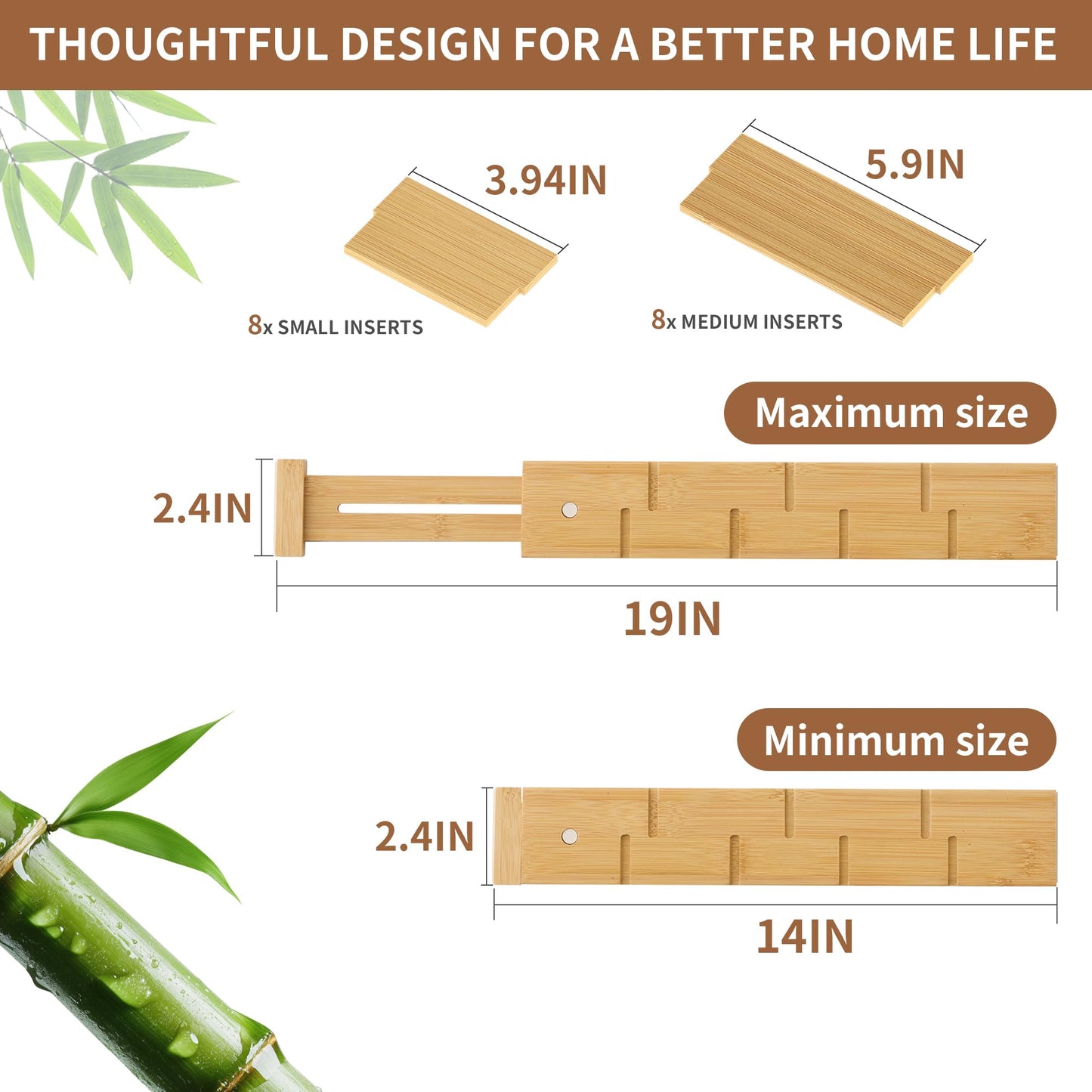 FILWH Bamboo Drawer Dividers with Inserts kitchen drawer organizer Adjustable Expandable 8 Pack Organizer Set for Kitchen Bedroom Bathroom Office 8 Dividers with 16 Inserts (Natural, Small (14-19IN))